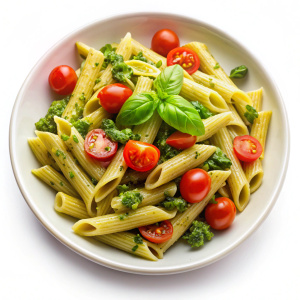 Photo penne pasta with pesto sauce and tomatoes on white background

