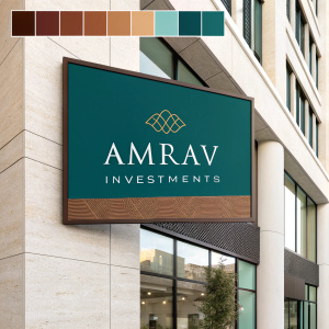 Amrav Investments rebranded. Modern logo design. Color scheme includes warm beige, deep brown, and calming teal. Website banner features brand name in sleek font. Backgrounds vary from minimalist white to rich earth tones.
