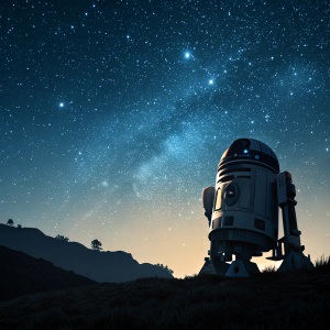 Homepage of a Star Wars fan site. Dark theme with a silhouette of R2-D2 in the foreground. Starry night background
