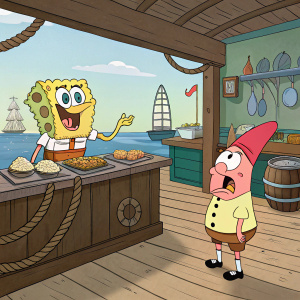 SpongeBob SquarePants and Patrick Star in a bustling Krusty Krab kitchen. SpongeBob with an excited grin, Patrick looking worried. The background shows wooden planks, ropes, and a ship in the distance.