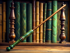 The wand’s handle is made of hazel wood, the core is unicorn hair, the length is 25 centimeters, the shape is curved, the color is dark green. The wand belongs to a smart, curious and eager to learn wizard. The wand is hidden in the library, between a bookshelf shelf. Around it, there are old and dusty books, parchments and ink bottles. The light comes from the sunlight through the library’s windows. The camera is shooting from the side of the wand, with a horizontal angle. The camera distance i