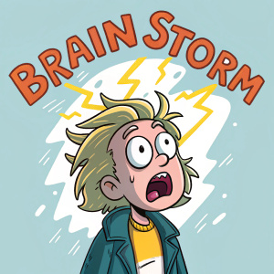Cartoon character with shocked expression, 'Brain Storm' written in graffiti font above their head. Graphic style