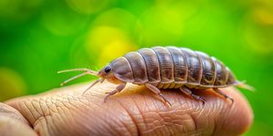 Woodlice insect realistic on a hand^ green in background blurred