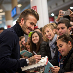 David Beckham signing autographs at a bustling book fair. Crowds gathered around, eager fans holding books