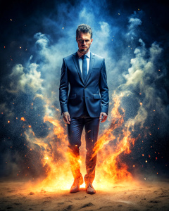 effect, photoshop action, realistic coborg, blue red fire, sparks, dust, explosion, smoke, sand, shadows, glow, glow, glare, light, slim, style: serious, business, wise, quality xd,  