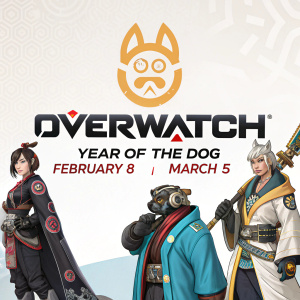Promotional image for Overwatch Year of the Dog event. Featuring Overwatch characters in East Asian cultural attire with futuristic elements. Event dates: February 8 - March 5. Clean, simple background.