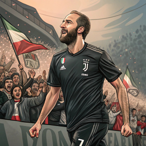 Gonzalo Higuain, in a sleek, black jersey, confidently strides onto the field. Surrounded by cheering fans.