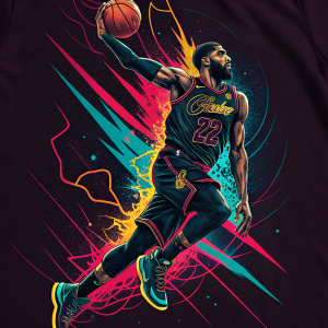 Kyrie Irving, in a fierce dunk pose, highlighted by neon colors and dynamic graphic elements. Featured on a high-quality sports apparel design.