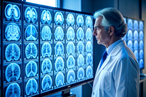 Neurologist doctor studying brain tests on a monitor at hospital