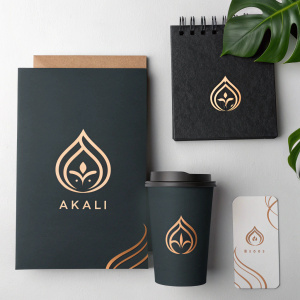 Creative branding for Akali. Main logo featuring an elegant abstract shape, symbolizing the brand's essence. Secondary logo, simpler yet cohesive design. Both logos in dark, sophisticated color scheme