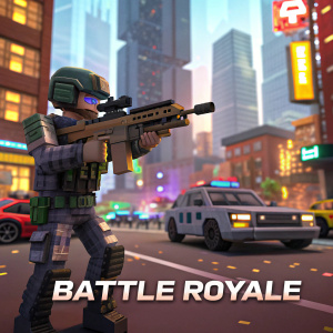 High-definition screen capture. A soldier character, identified by pixelated features, wielding a high-tech rifle. Set amidst a vibrant, digital cityscape with vehicles. Prominent 'BATTLE ROYALE' text overlay at bottom.