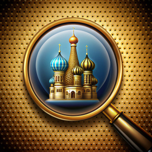 Icon: 
Object: Spy magnifying glass magnifying a Russian Church.
Background: Gold gradient with black spots.
Style: Playful, realistic.
Colour: Blue, gold, red.
Atmosphere: Mysterious, spy-like.
Texture: Smooth, shiny.