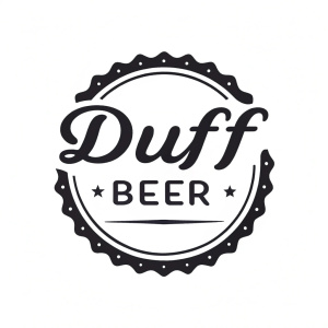 Duff Beer logo featuring bold, cursive black font against a white background. Below the name, additional text in small font outlines brand details.