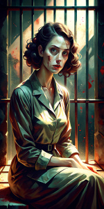 Crea una imagen de: UNA MUJER AGOBIADA SENTADA EN UNA CELDA. Ropa y entorno 1940. Romántico. 64K. Cinematico. Realista. Finos detalles