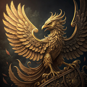 Digital illustration of the Golden Garuda Emblem, detailed wings and body, ornate design, dark background