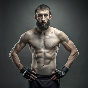 Skinny Dagestani man, with a Muslim beard, short combed hair, no shirt on, standing with hands on hips, wearing MMA gloves