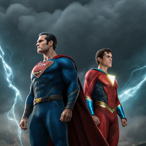 Henry Cavill, as Superman, standing confidently beside a character from the Shazam universe. Both in dynamic poses. Dark, stormy backdrop with lightning effects.