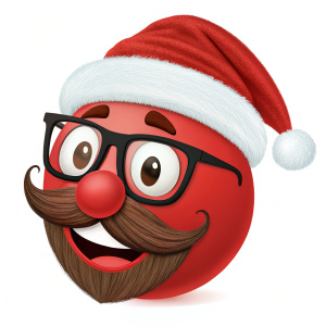 Red emoji. Broad flat nose. Large bushy mustache. Santa hat and black-rimmed glasses. Celebrating Christmas spirit