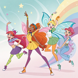 A vibrant group photo of Winx Club characters. Various ethnicities, hairstyles, and dynamic poses with bright colors and unique outfits.