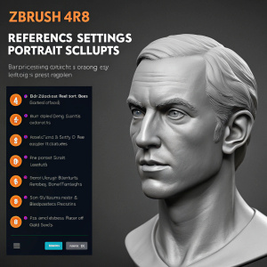 Illustration for ZBrush 4R8 tutorial on reference setting for portrait sculpts. Detailed bust of a Caucasian male with neutral expression. Dark and professional layout with bold contrasting colors.