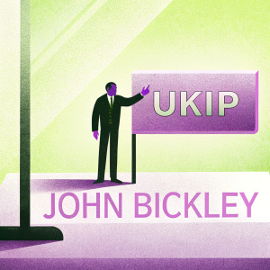 Political campaign poster featuring John Bickley, UKIP candidate. He wears a dark suit and stands confidently. Background is yellow and purple with party logo