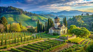 a chateau in Abkhazia with picturesque views, nature, with a very small Victorian chapel with stained glass windows on a background in the distance on a hill, with vineyards