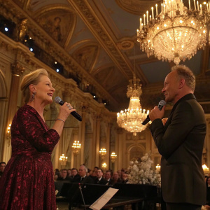 Meryl Streep and Sting perform at the star-studded charity gala. Gilded ballroom, ornate chandeliers overhead.