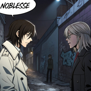 A detailed manga panel from Noblesse. Characters engage in a tense discussion in a dark alley, surrounded by shadows and graffiti. Muted colors, speech bubbles, and a simplistic, stylized art style.