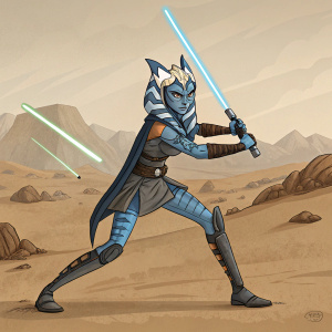 Ahsoka Tano, character from Star Wars, in action pose. Alien features, blue skin, green eyes. Standing on sandy desert planet