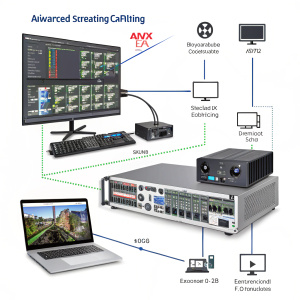 Matrox Maevex 6150 Encoder setup. Advanced 4K streaming and recording capabilities showcased. Specialized hardware and software integration.