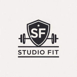 Studio Fit logo design. Modern, minimalist aesthetic with a bold, stylized SF emblem in monochrome tones.