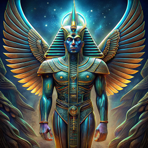 Stylized, futuristic bas-relief of an ancient Egyptian eagle with outstretched wings. Anatomical proportions. Bas-relief on a silver, metal wall. Around the bas-relief are ancient Egyptian golden hieroglyphs. Front view