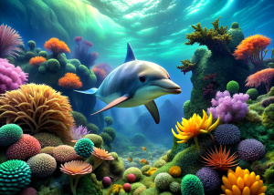 Underwater landscape with a dolphin 3D 4K ultra realistic super detailed vivid colors in detailed closeup