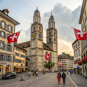 Photograph of Grossmünster Cathedral in Zurich. Gothic architecture with tall spires adorned with Swiss flags. Bustling city street with cobblestones, people in a mix of casual and professional clothing, walking past the cathedral.