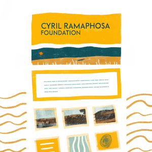 Website of Cyril Ramaphosa Foundation. Sleek design featuring teal, orange and neutral tones. Homepage showcases large header image with overlay text, followed by grid layout of smaller images and text blocks.