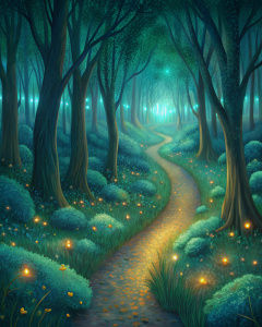 un bosque iluminado por luciernagas y en el medio un sendero 