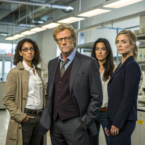 Cast of 'Blood & Treasure' in a lab scene. Diverse group with older Caucasian male in a tailored suit and glasses, Caucasian male in casual attire, Hispanic and Caucasian females in professional outfits. Laboratory equipment and structures visible.