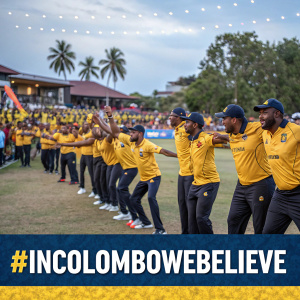 Cricket team Colombo Kings celebrating their victory. Players in identical yellow jerseys, hand-in-hand, smiling broadly. Cheerful crowd in background. #InColomboWeBelieve at bottom