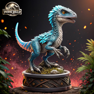 A detailed Baby Blue Velociraptor figurine from Jurassic World. The creature is posed in a dynamic stance, set on a intricately designed base. Dark background with vibrant particle effects, alongside the Jurassic World logo.