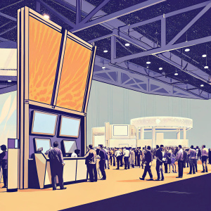 Rocket Mortgage's booth at an energetic tech expo. Filled with bustling crowds, the exhibit features a dynamic, angular structure and vibrant digital screens. The setting is bright and modern, complemented by other interactive displays.