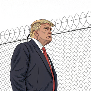 Cartoon illustration of Donald Trump, standing in front of a plain white backdrop. His face takes up most of the image, with exaggerated features. He looks stern and serious, with a background mesh fence removed