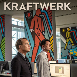 A promotional image for the Brazilian DVD release of 'Kraftwerk' documentary. Features abstract artwork of figures in a business setting.