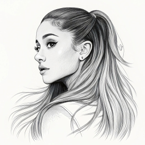 Line art portrait of Ariana Grande, black and white, plain background, varying line weights, profile view.