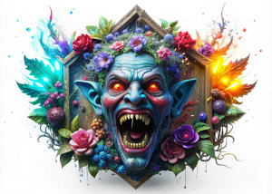 crea una hermosa cabeza de un vampiro agresivo realista en un marco de madera explosivo luminoso colorido redondo de madera con una enredadera de flores de neon y hermosas flores coloridas realistas variadas en el marco con destellos de luces coloridas y al rededor de su cabeza algunas plantas hermosas coloridas  en un fondo totalmente blanco