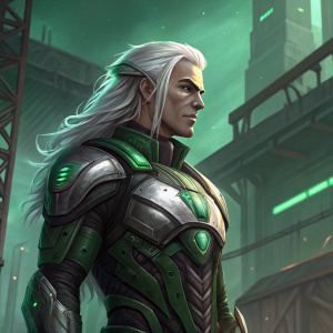 Digital art depicting a male character from Warframe. Long white hair, green accents. Futuristic metallic suit with organic and mechanical elements. Industrial background with green hues. Confident pose, focused expression.