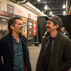 Ethan Hawke and Robert Budreau, hanging out backstage at a film festival. Casual attire, laughing and chatting