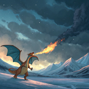 Charizard, the legendary Pokémon, soaring through a sky filled with dark storm clouds. Standing amidst an icy tundra, its fiery breath creating steam against the cold air. Background features a mountain range under a twilight sky.