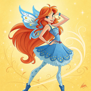 Digital art featuring Bloom from Winx Club. Fiery red hair, blue dress with playful ruffles, bright yellow background. Confident pose. Cartoon style with bold colors.