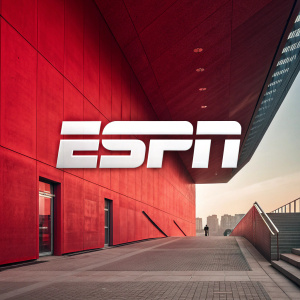 Modern ESPN logo design. Bold and sleek, set against a vibrant red backdrop with minimalist geometric shapes surrounding it.