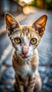 Un primerísimo primer plano de un gato callejero, muy delgado, con la cara muy triste y los ojos llorosos